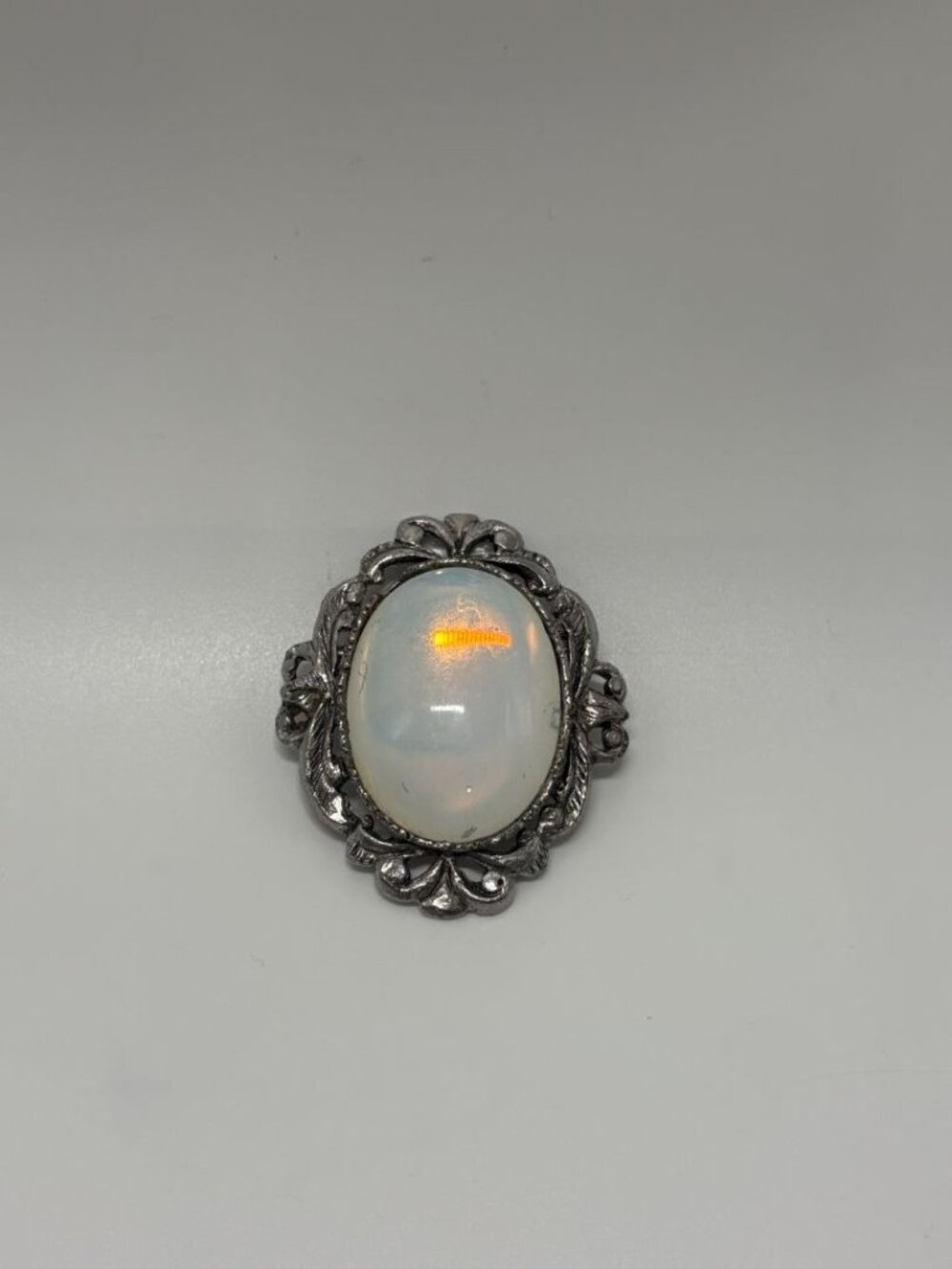 Vintage 1970 Faux Oval Opaline Silvery Pewter Tone Brooch Pin